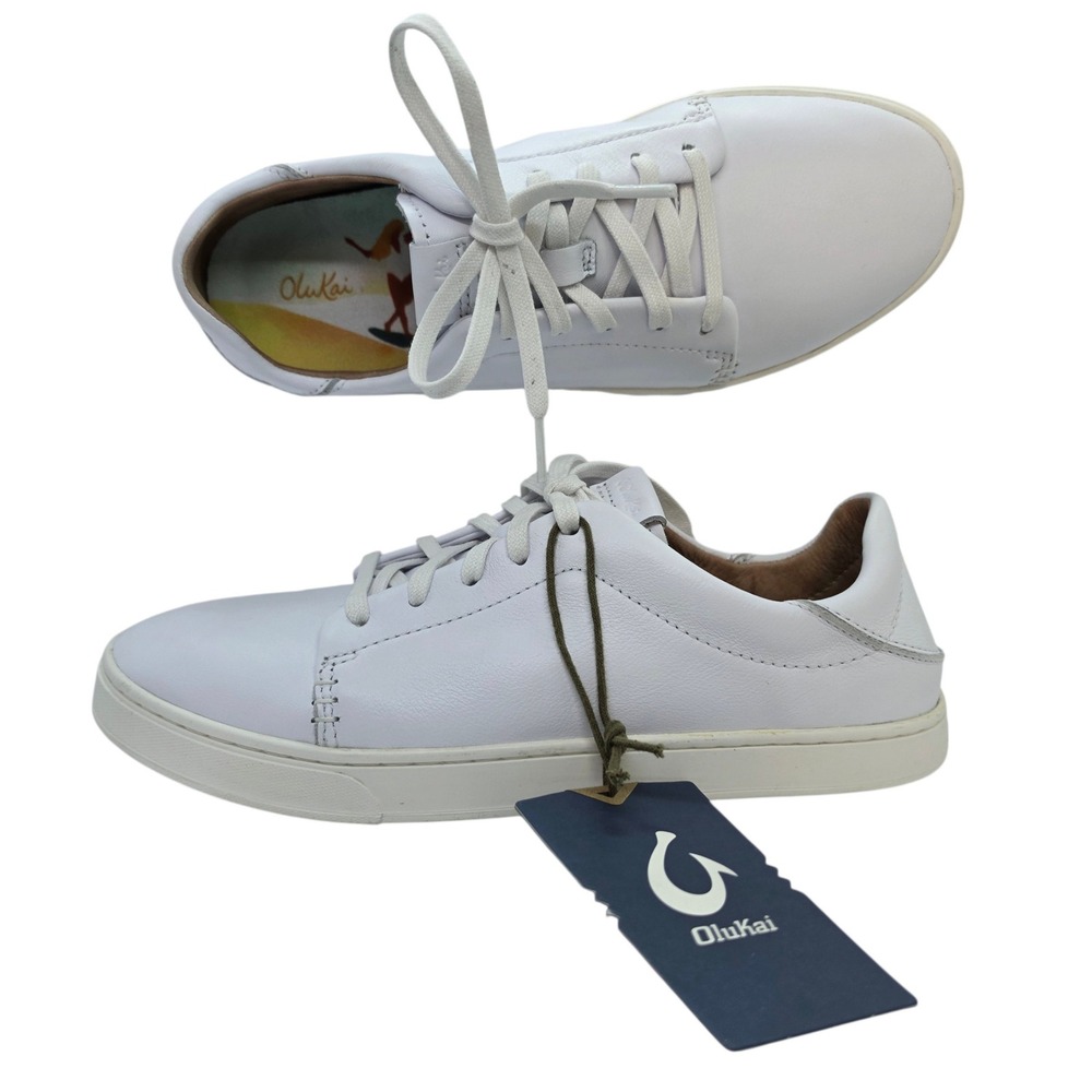 OluKai Pehuea Li Ili White Leather Sneakers Womens 8 Low Top Shoes 20433-4R4R
